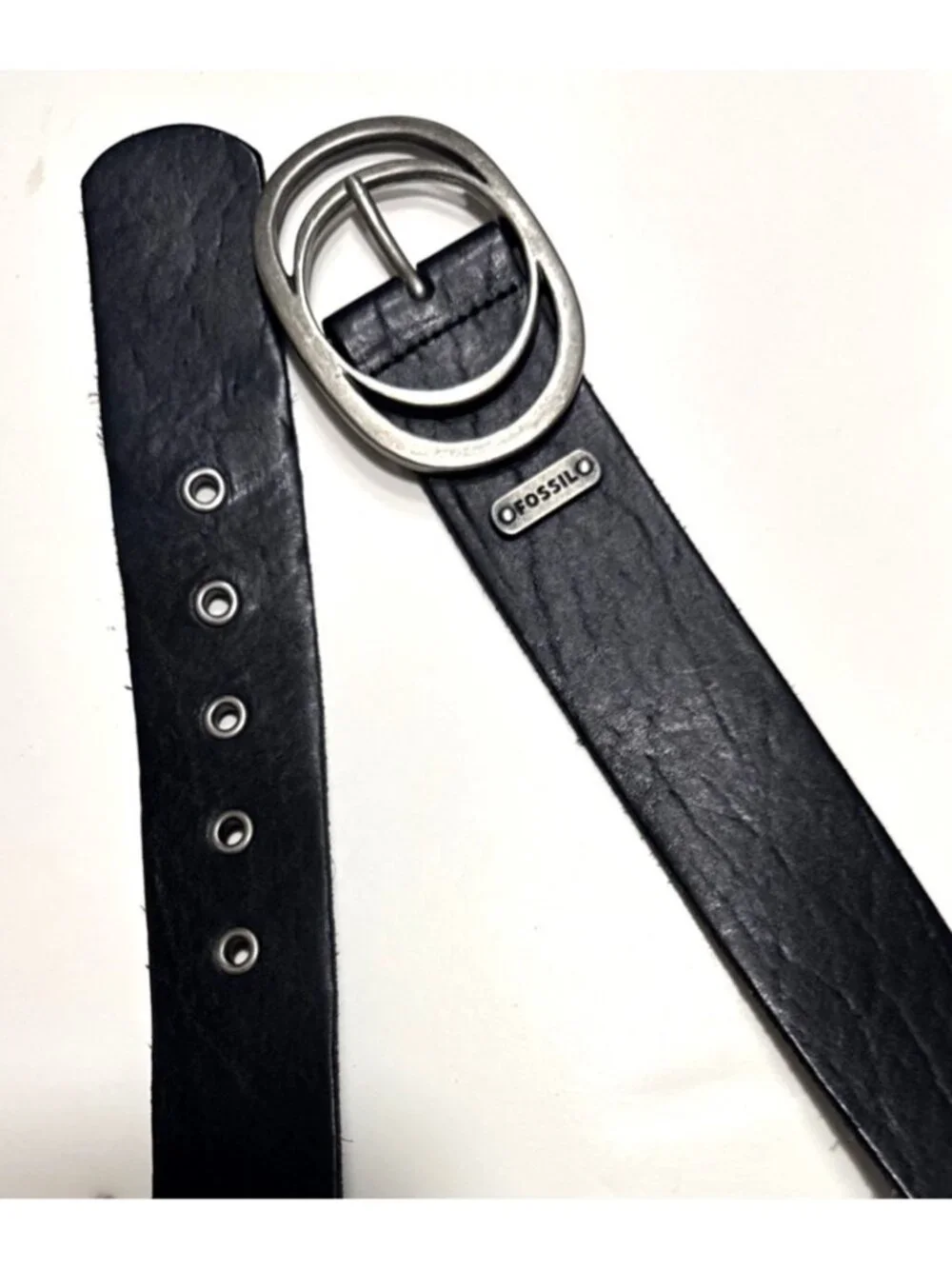 Fossil Black Leather Belt with Silver Metal Buckle Size Medium